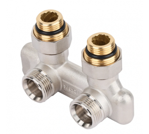 Угловой перекрёстный НВ узел: запорные вентили, ниппели 1/2"*3/4"Е (48/6) Тим