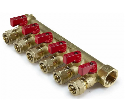 Коллектор с шар. краном 3/4" г/ш х 16 - 6 вых. горячий TIM (8/шт)